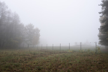 Obraz na płótnie Canvas Fence in field on misty autumn day in countryside 