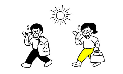太陽と汗をかく私服男性女性（シンプル）
