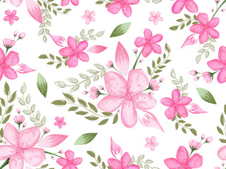 Beautiful floral seamless pattern, Spring summer background cherry blossom flower with green leaves. Textile design use for fabric etc.