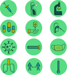 Set of Coronavirus Protection Related Vector Icons. Contain swab test, mask, hand sanitize, pills, coronavirus 