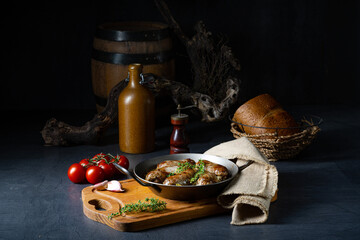 Homemade white sausage fried with onion and herbs