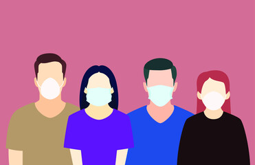 Group of people wearing medical masks to prevent disease, virus. Vector illustration in a flat style