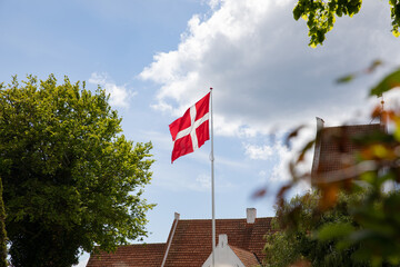 Danish flag with blue sky and clouds, standing with tress by its side