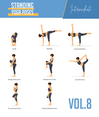 Set of yoga poses for concept balancing, standing poses in flat design style. Strong Woman exercising for body stretching. Yoga posture or asana for beginner infographic. Workout Vector Illustration