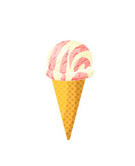 Strawberry with cream, ice cream cone. Design template for AD, promo, menu, flyer. Vector illustration cartoon icon isolated on white background.