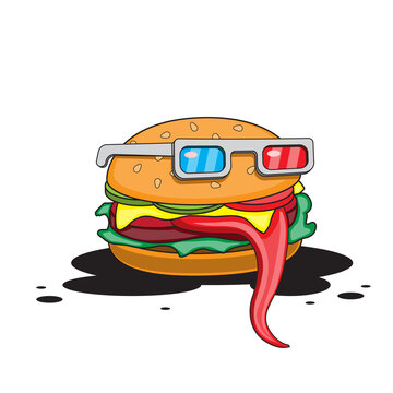 Hamburger with glasses on a white isolated background. Vector image