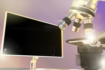 vaccine work concept, object 3D illustration of lab hi-tech microscope and monitor with blank space for your content with flare on gradient background