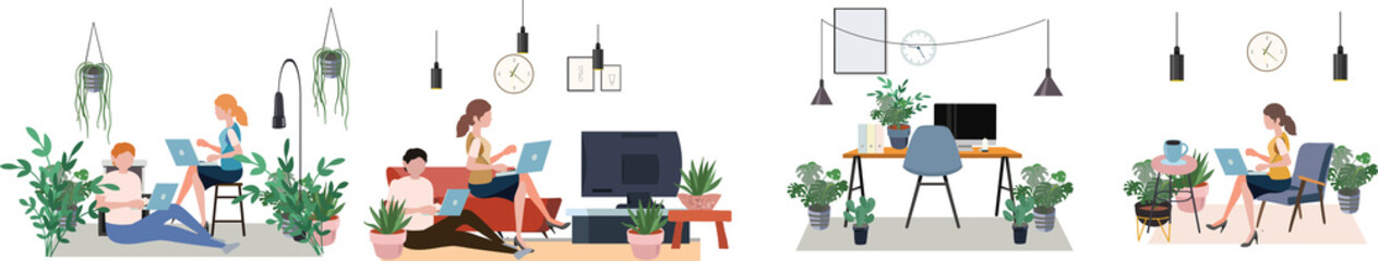  work from home office room people work with notebook chair workspace business internet illustration vecter green backgroud lifestyle.