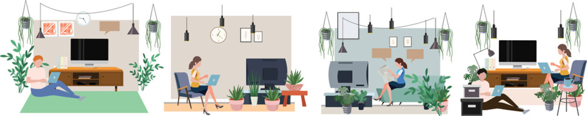  work from home office room people work with notebook chair workspace business internet illustration vecter green backgroud lifestyle.