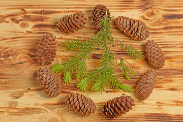 A sprig of Holly and pine cones on a wooden surface