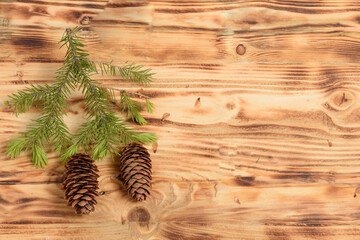 A sprig of Holly and pine cones on a wooden surface