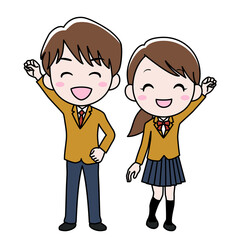 拳を突き上げて喜ぶ高校生男女