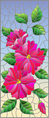 Illustration in stained glass style with abstract intertwined pink flowers and leaves on blue background,vertical orientation