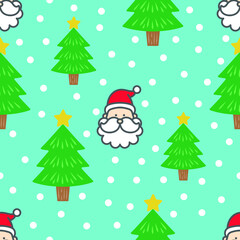 Seamless Pattern / Santa Claus on the blue background. Falling snowflakes. Christmas background