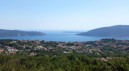 Fototapeta na wymiar view to Bay of Kotor - green landscape and Adriatic sea