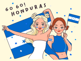Two pretty girls holding national flag : Vector Illustration