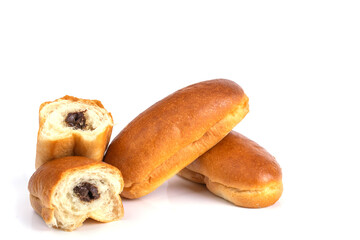 buns with chocolate filling whole and broken isolate on white