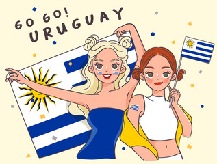 Two pretty girls holding national flag : Vector Illustration