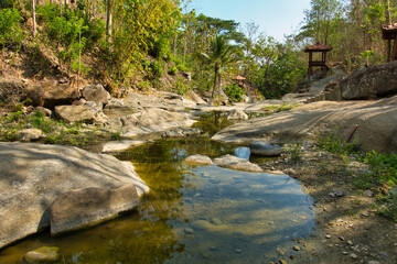 Beautiful view, close up of a karst rock raising from the river. Luweng Sampang Special Region of Yogyakarta. Indonesia