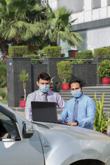 Fototapeta premium Office worker meeting with face mask quarantine from coronavirus or COVID-19