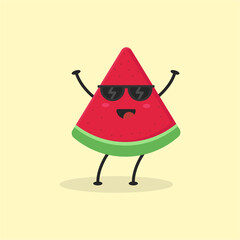 Cute Flat Cartoon Watermelon Illustration. Vector illustration of cute watermelon with a smiling expression. Cute watermelon mascot design