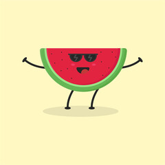 Cute Flat Cartoon Watermelon Illustration. Vector illustration of cute watermelon with a smiling expression. Cute watermelon mascot design