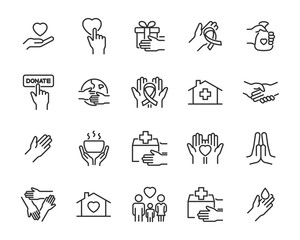 set of charity icons, donate, care, support, rescue, volunteer