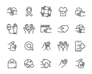 set of charity icons, donate, care, support, rescue, volunteer