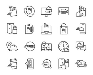 set of food delivery icons, restaurant, order, online shopping