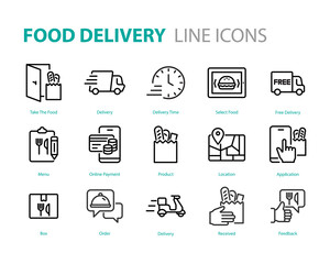 set of food delivery icons, restaurant, order, online shopping