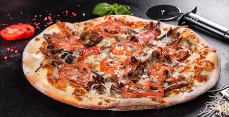 Fresh hot pizza with meat, mushrooms, cheese and tomatoes made in an oven