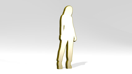 woman standing  on the wall. 3D illustration of metallic sculpture over a white background with mild texture