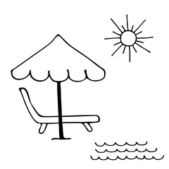 Beach chair with umbrella - sun protection on beach and seaside. Travel, tourism and vacation emblem. Hand drawn illustration in Doodle style. Vector illustration