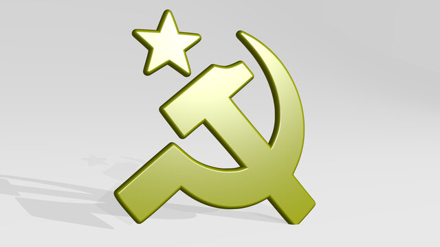 Soviet union symbol on the wall. 3D illustration of metallic sculpture over a white background with mild texture