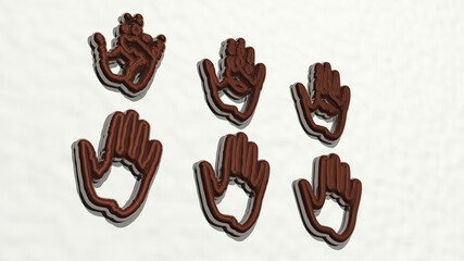 hands from a perspective on the wall. A thick sculpture made of metallic materials of 3D rendering