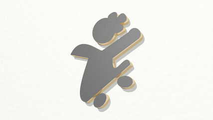  on the wall. 3D illustration of metallic sculpture over a white background with mild texture