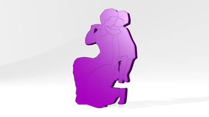  on the wall. 3D illustration of metallic sculpture over a white background with mild texture
