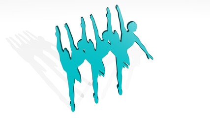 girls dancing ballet from a perspective on the wall. A thick sculpture made of metallic materials of 3D rendering