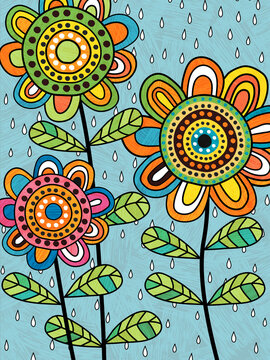 Colorful Abstract Flowers. Tribal Hippie Folk Art Style. Blue Background With Rain. Design For Posters, Greeting Cards, Textile Prints, Kids Mural. Vector Illustration.