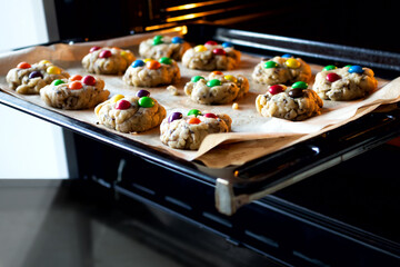 Cooking together at home. Stay and safe. Isolation. Make homemade cookies with colored pills