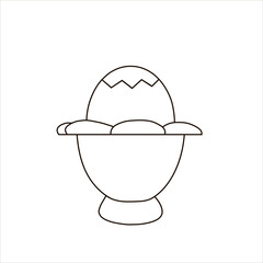 Cracked white chicken egg in egg ceramic stand, Vector illustration isolated on white background. Outline drawing.