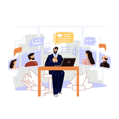 Business video conference vector flat illustration. Man businessman character sitting in office, making work online remote meeting with Colleagues. Job online interview, online work planning