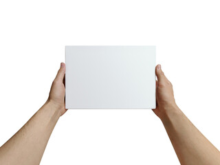 Man two hands hold the white (blank) box isolated on white, top view