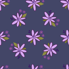 Fototapeta premium Simple cute floral bouquet vector pattern with small and medium flowers and leaves.