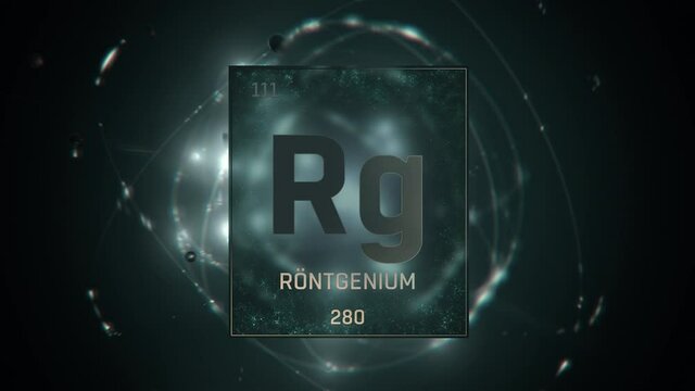 Roentgenium as Element 111 of the Periodic Table. Seamlessly looping 3D animation on green illuminated atom design background orbiting electrons name, atomic weight element number in German language