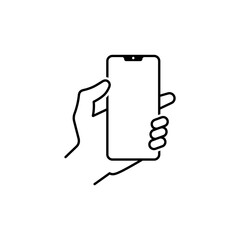 Hand holds smartphone, isolated linear icon.