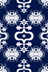 Vector elegan tile ornate seamless pattern. White ornament on luxury elegant blue background Retro hindu monochrome motif