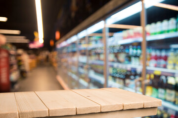 Wood top table on blur supermarket background