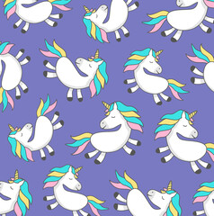 Vector seamless pattern with cute unicorns. greeting card, Vector pattern with cute cartoon unicorns on a purple background. Wrapping paper or fabric.