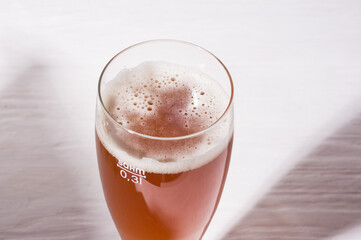 glass of home made craft beer from light malt on white background. Craft beer brewing from grain barley pale malt.